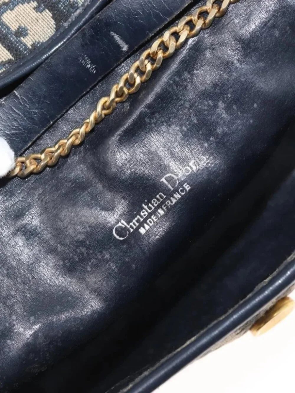 Christian Dior Trotter Canvas Chain Shoulder Bag Navy Gold Auth - Picture 15 of 16